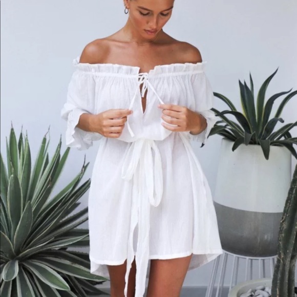 White boho off the shoulder gypsy dress cotton - Picture 4 of 8